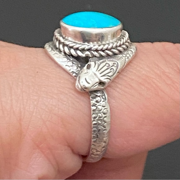 Vintage 925 Sterling Silver Turquoise Double Head Snake Southwestern Ring Size 9 - Picture 14 of 16